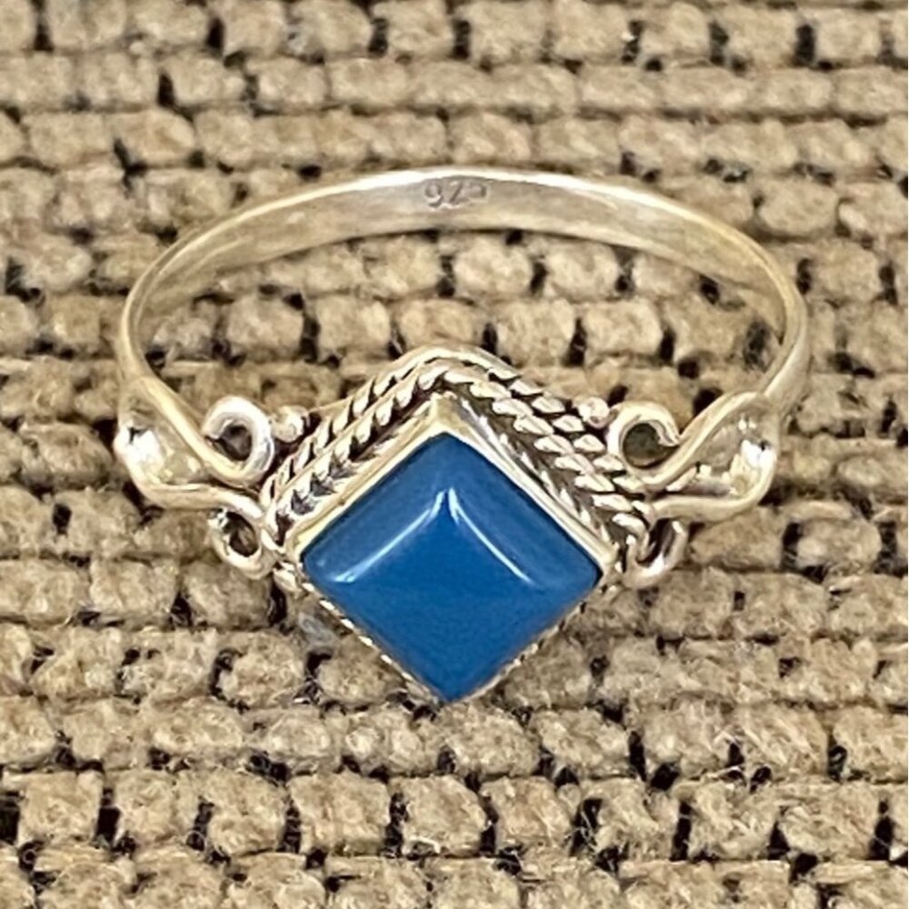 Ring Size 8 Blue Chalcedony Diamond Cabochon Smooth Sterling Silver 925 Women Se - Picture 8 of 8